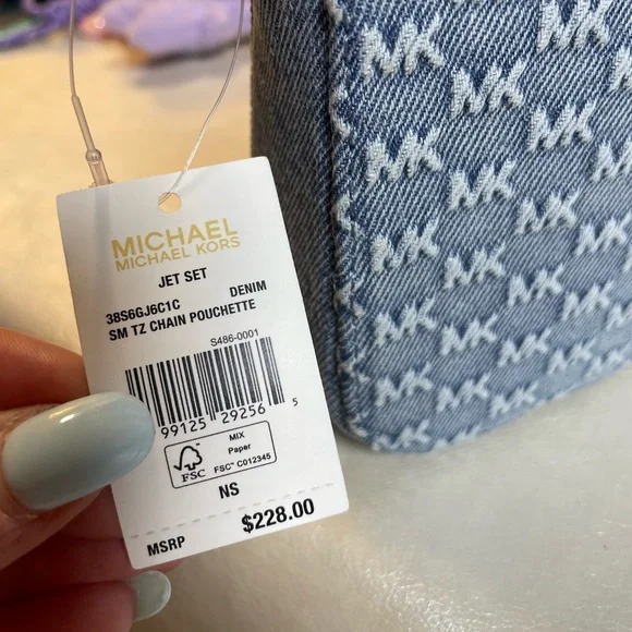 Michael Kors Jet Set Small Chain Denim Pouchette NWT - Picture 15 of 17